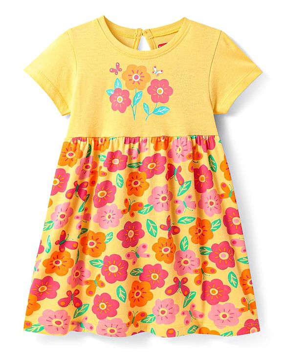 Babyhug Single Jersey Knit Half Sleeves Frock With Floral Print - Yellow