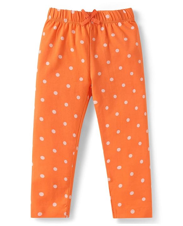 Babyhug Single Jersey Knit Full Length Leggings with Stretch Polka Dots & Rainbow Print Pack Of 3 - Orange & Purple