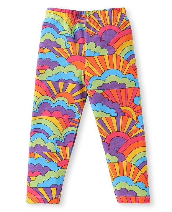 Babyhug Single Jersey Knit Full Length Leggings with Stretch Polka Dots & Rainbow Print Pack Of 3 - Orange & Purple