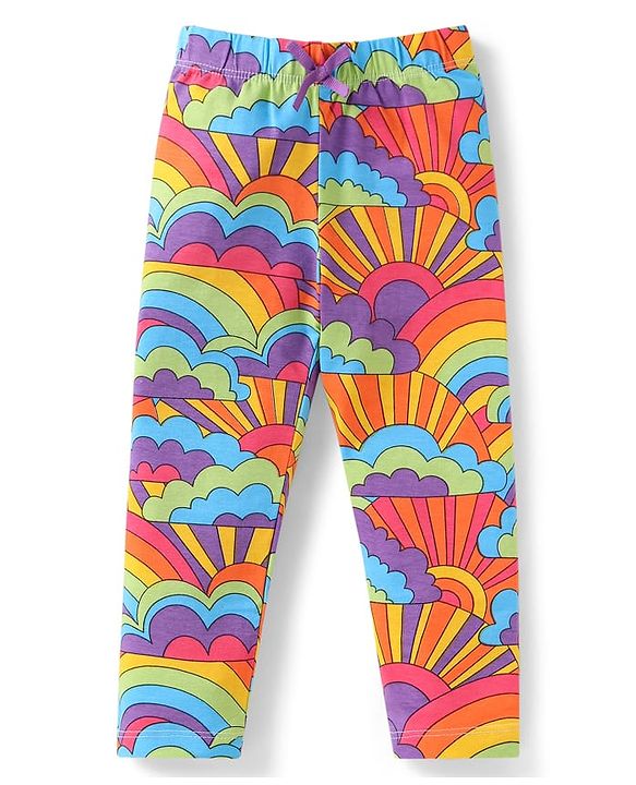 Babyhug Single Jersey Knit Full Length Leggings with Stretch Polka Dots & Rainbow Print Pack Of 3 - Orange & Purple