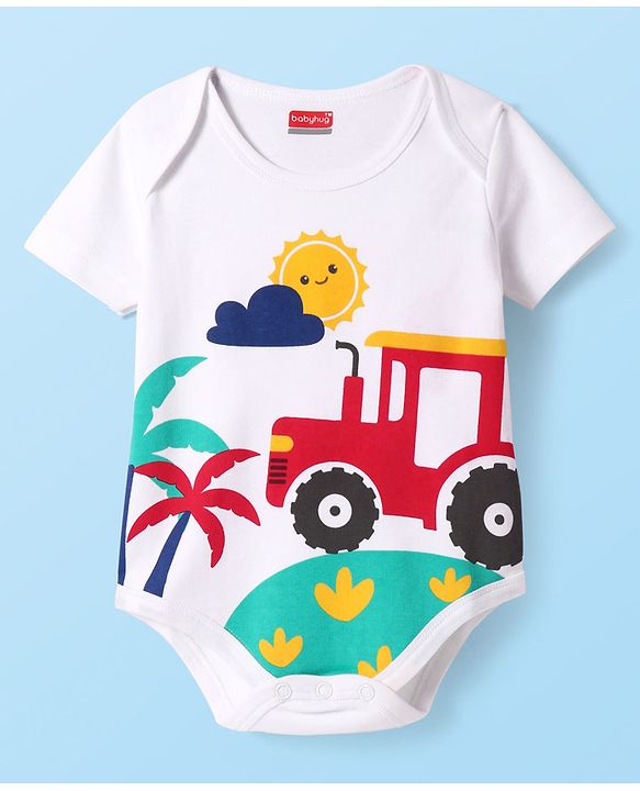 Babyhug 100% Cotton Knit Half Sleeves Onesie with Tropical Theme Print - White