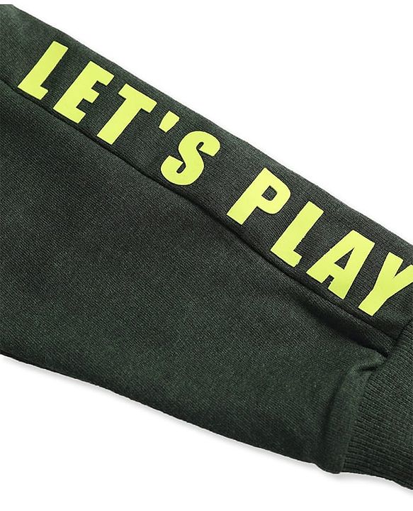 Babyhug Cotton Terry Knit Full Length Cut & Sew Lounge Pant with Let's Paly Print - Dark Green