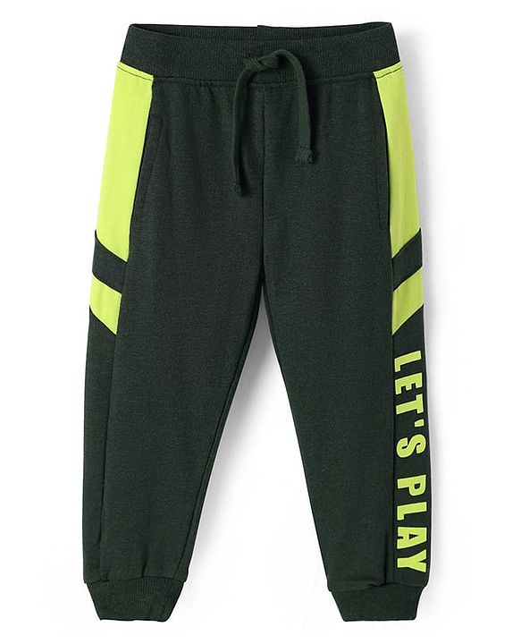 Babyhug Cotton Terry Knit Full Length Cut & Sew Lounge Pant with Let's Paly Print - Dark Green
