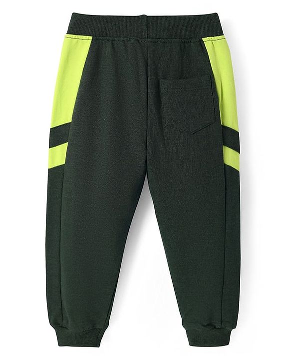 Babyhug Cotton Terry Knit Full Length Cut & Sew Lounge Pant with Let's Paly Print - Dark Green