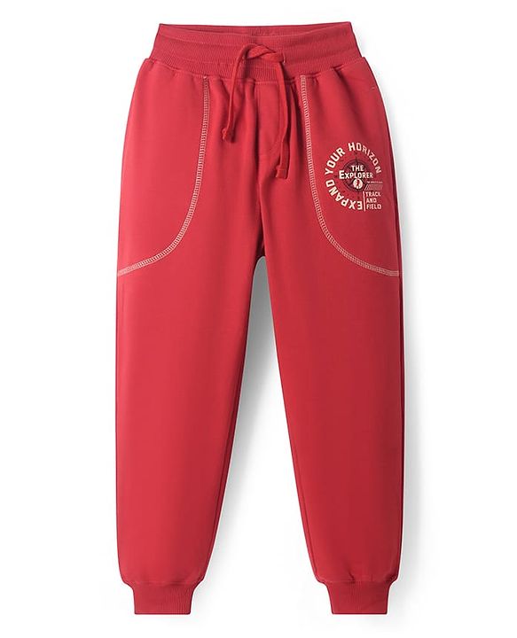 Pine Kids Knit Full Length Lounge Pant with Text Print  - Red
