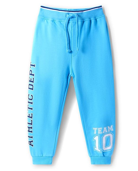 Babyhug Terry Knit Full Length Lounge Pant with Sport Theme Text Print - Light Blue