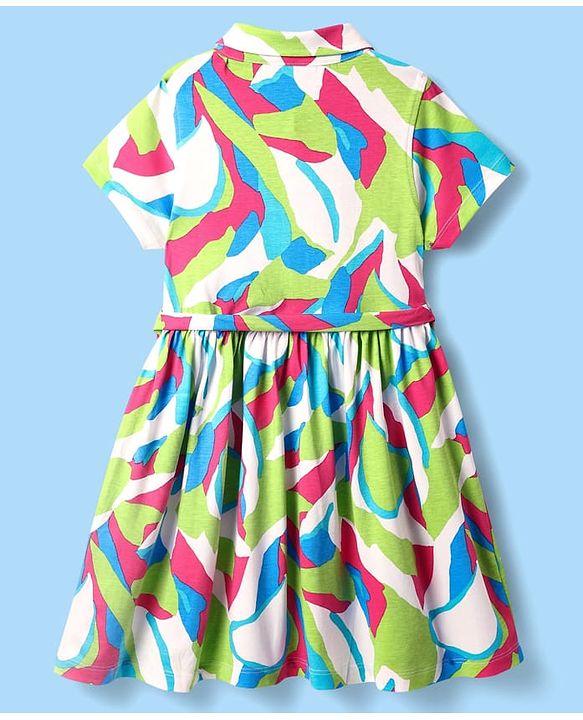 Pine Kids Cotton Knit Half Sleeves Collared Shirt Dress with Abstract Print - White & Green