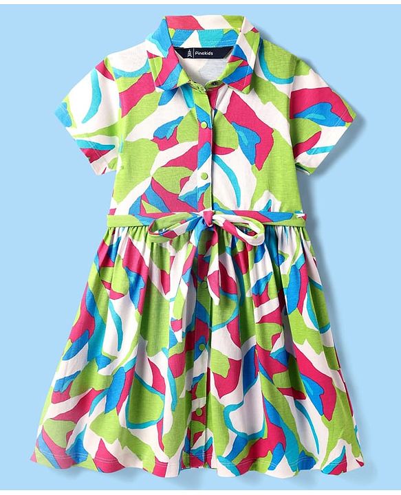 Pine Kids Cotton Knit Half Sleeves Collared Shirt Dress with Abstract Print - White & Green