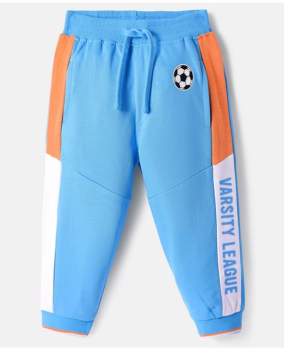 Babyhug Cotton Knit Full Length Cut & Sew Designed Lounge Pant with Text Print - Blue