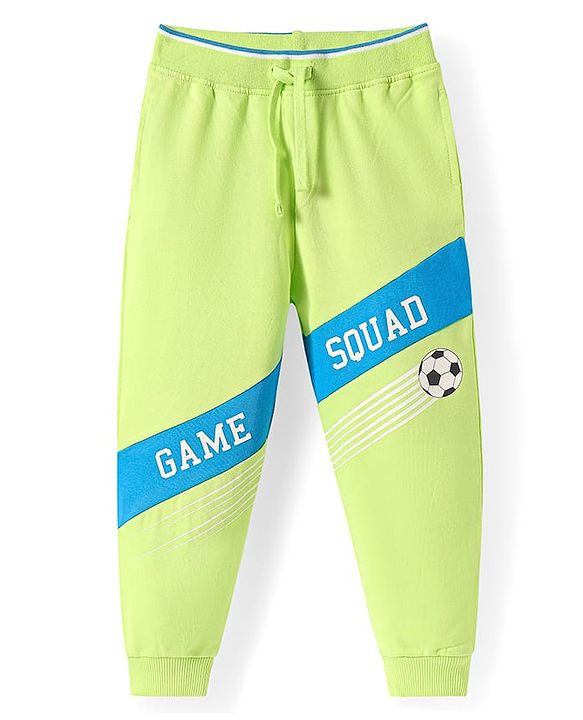 Babyhug Cotton Knit Full Length Lounge Pants with Game Squad Print - Lime Green