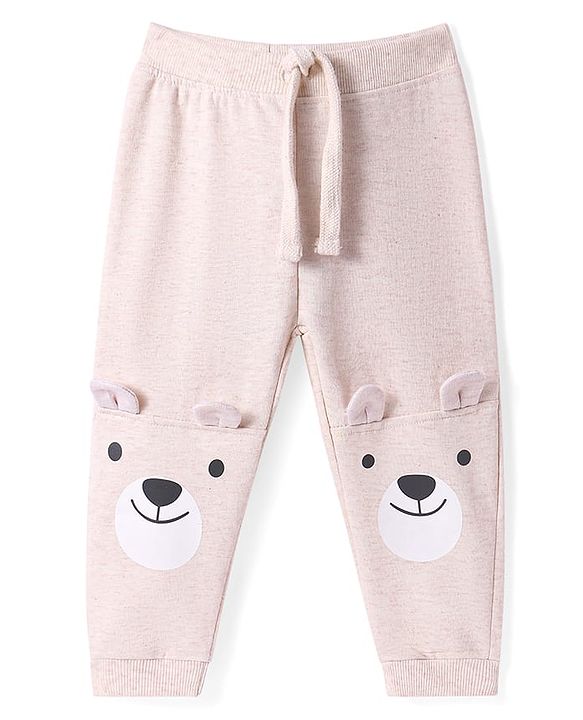 Babyhug Cotton Knit Full Length Lounge Pants with Bear Applique - Pink