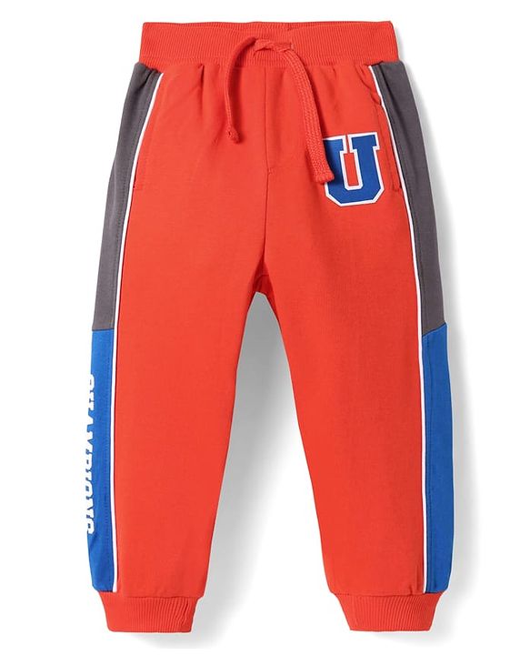Babyhug Terry Knit Full Length Track Pants with Sport Theme Text Print - Red