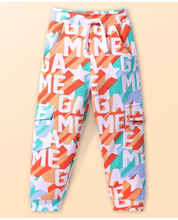 Babyhug Terry Knit Full Length Lounge Pant With Text Print - Orange & Blue