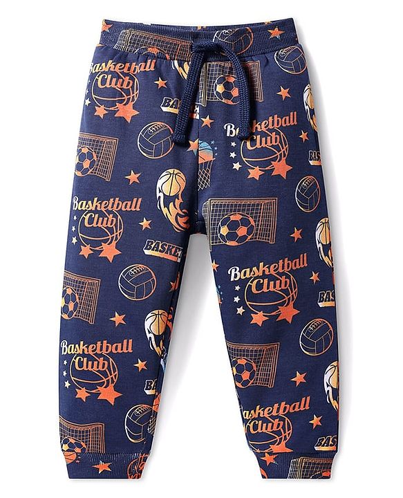 Babyhug Terry Knit Full Length Lounge Pant With Basketball Print - Navy Blue