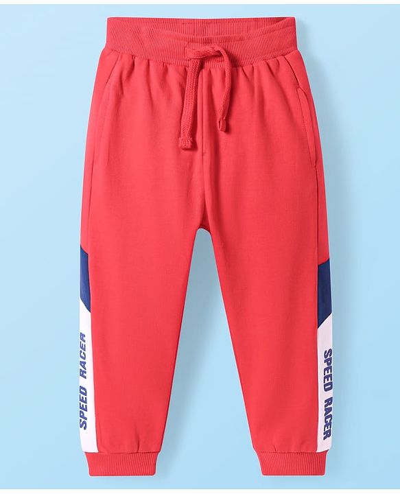 Babyhug Terry Knit Full Length Track Pants with Sport Theme Text Print - Red