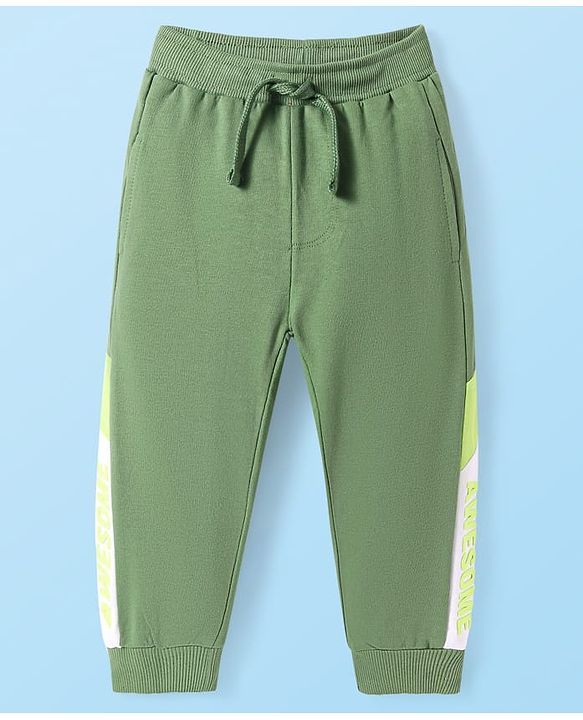 Babyhug Cotton Knit Full Length Cut & Sew  Lounge Pant with Text Print - Olive Green