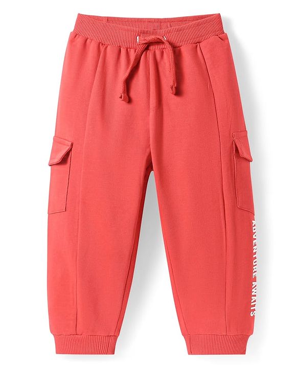 Babyhug Terry Knit Full Length Cut & Sew Track Pants With Text Print & Pockets - Red