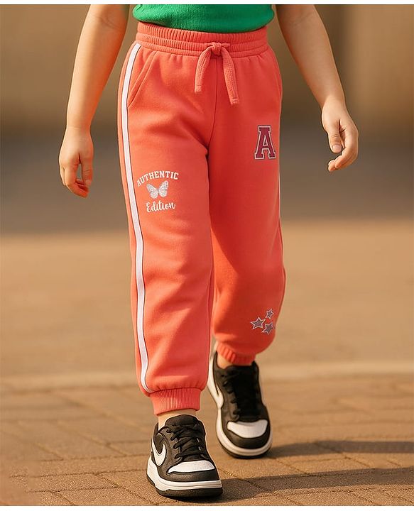 Babyhug Single Jersey Full Length Track Pants with Sport Theme Text Print - Coral