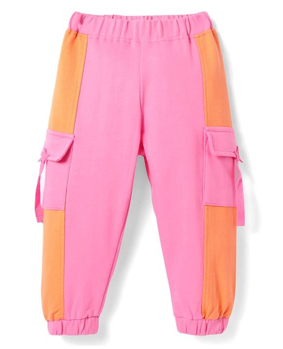 Babyhug Terry Knit Full Length Cut & Sew Lounge Pants with Pockets - Pink & Orange