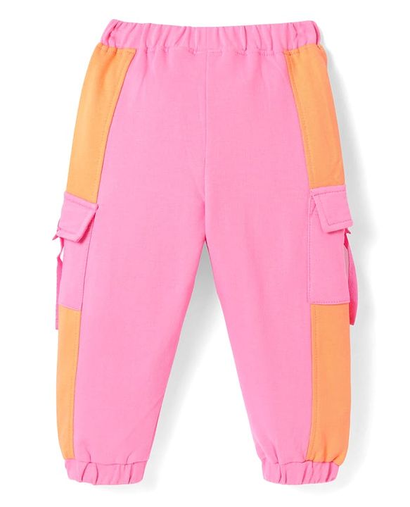 Babyhug Terry Knit Full Length Cut & Sew Lounge Pants with Pockets - Pink & Orange