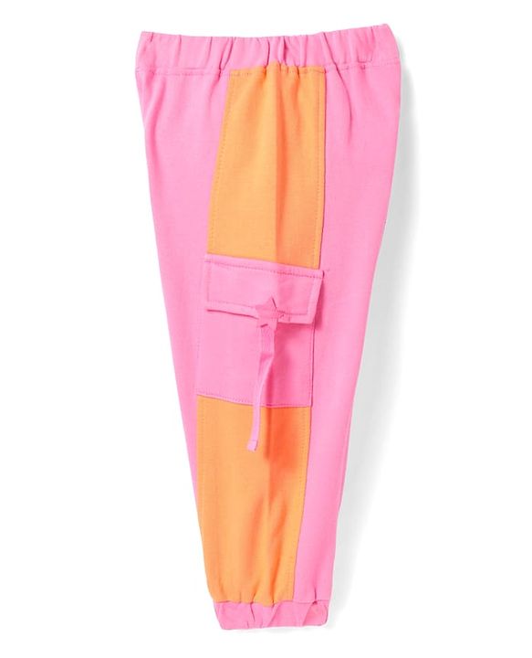 Babyhug Terry Knit Full Length Cut & Sew Lounge Pants with Pockets - Pink & Orange