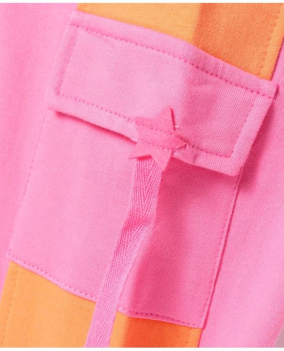 Babyhug Terry Knit Full Length Cut & Sew Lounge Pants with Pockets - Pink & Orange