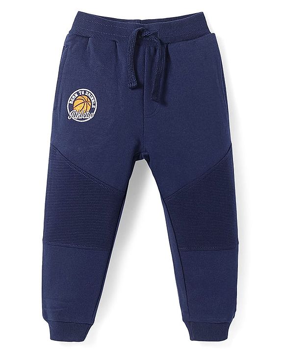 Babyhug Cotton Knit Full Length Lounge Pant with Text Patch Detailing - Navy Blue