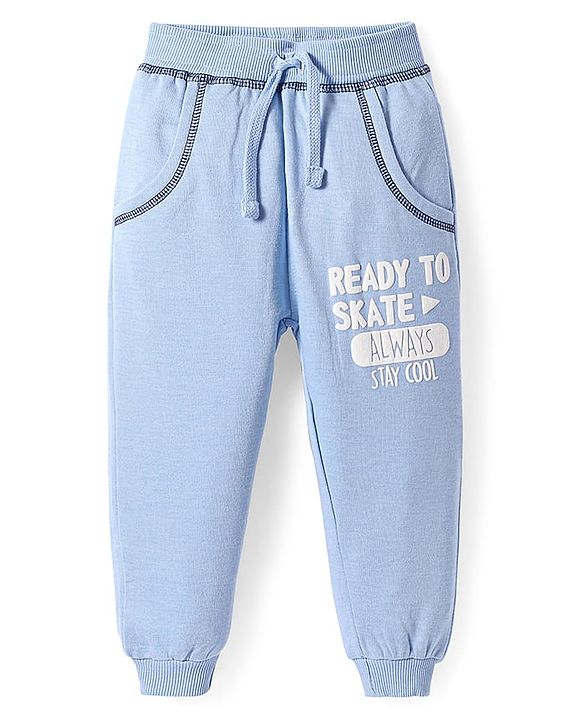 Babyhug Cotton Knit Full Length Lounge Pant with Text Badge Detailing - Light Blue