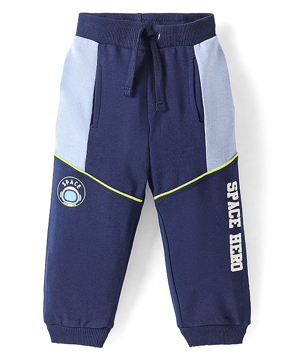Babyhug Cotton Knit Full Length Cut & Sew Designed Lounge Pant with Text Print - Navy Blue