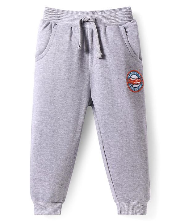 Babyhug Cotton Knit Full Length Lounge Pants with Text Patch Detailing - Grey