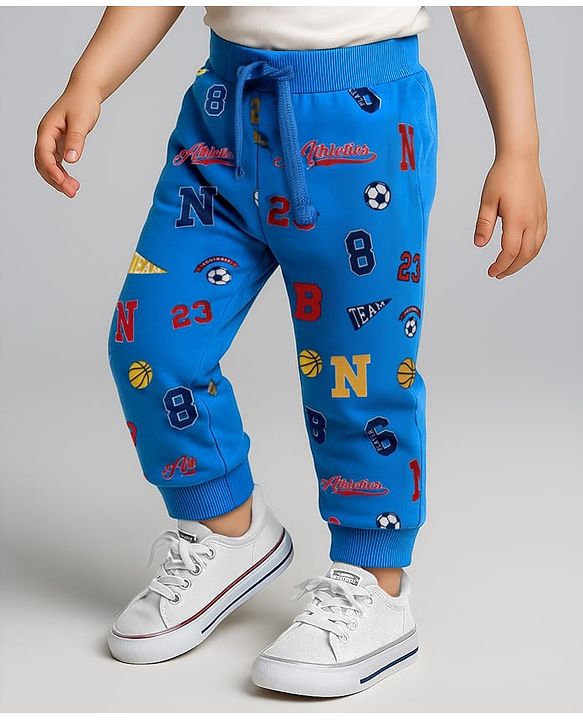 Babyhug Terry Knit Full Length Lounge Pant With Text Print - Blue
