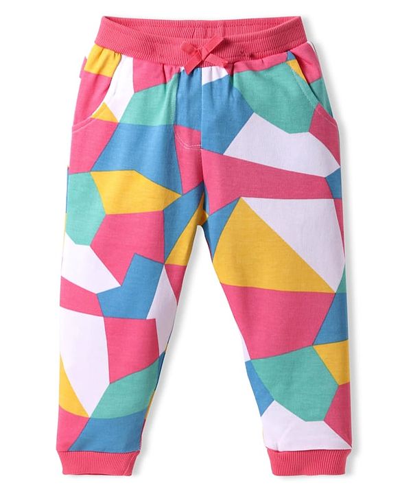 Babyhug Terry Knit Full Length Lounge Pant with Geometric Print - Pink