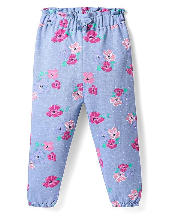 Babyhug Cotton Knit Full Length Lounge Pant with Floral Print - Light Blue