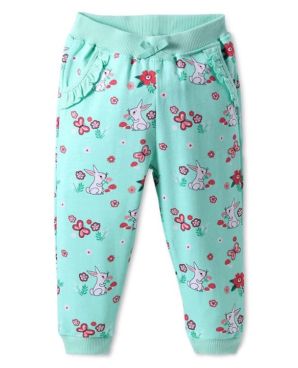 Babyhug Cotton Knit Full Length Lounge Pant with Rabbit Print - Sea Green