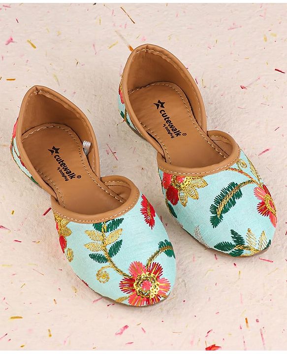 Cute Walk by Babyhug Slip On Mojaris with Floral Embroidery - Sea Green