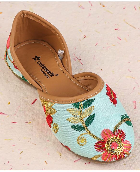 Cute Walk by Babyhug Slip On Mojaris with Floral Embroidery - Sea Green