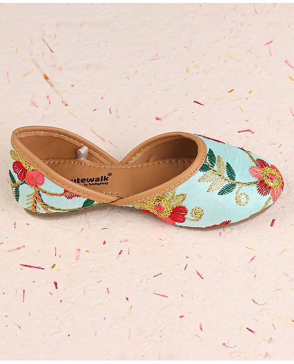 Cute Walk by Babyhug Slip On Mojaris with Floral Embroidery - Sea Green