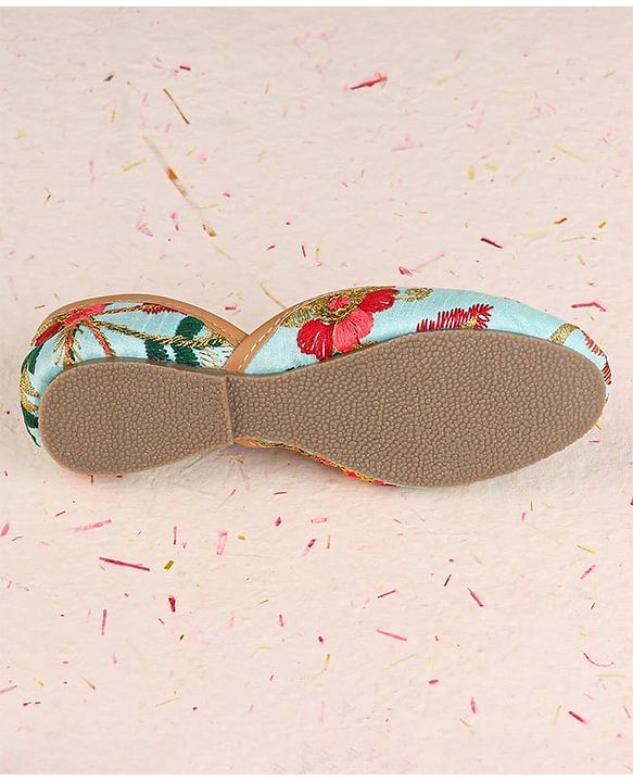 Cute Walk by Babyhug Slip On Mojaris with Floral Embroidery - Sea Green