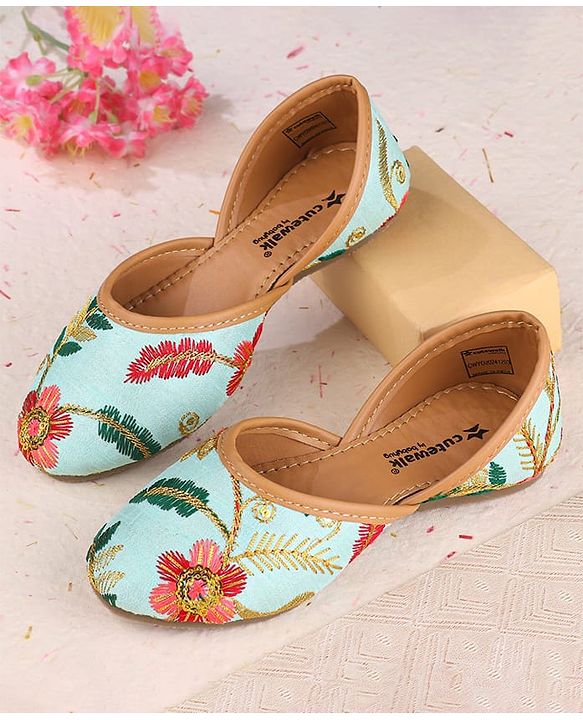 Cute Walk by Babyhug Slip On Mojaris with Floral Embroidery - Sea Green