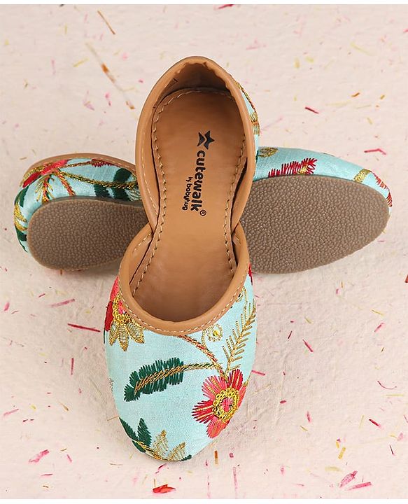 Cute Walk by Babyhug Slip On Mojaris with Floral Embroidery - Sea Green