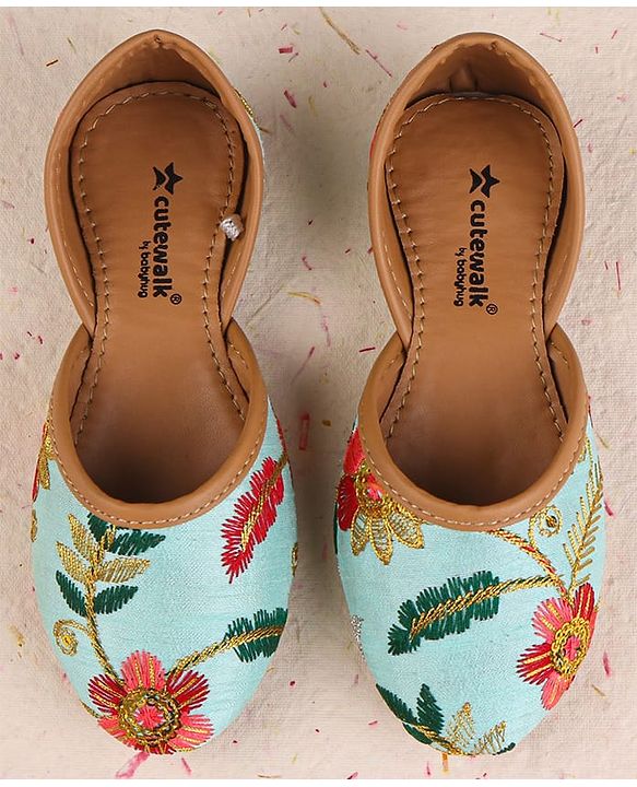 Cute Walk by Babyhug Slip On Mojaris with Floral Embroidery - Sea Green