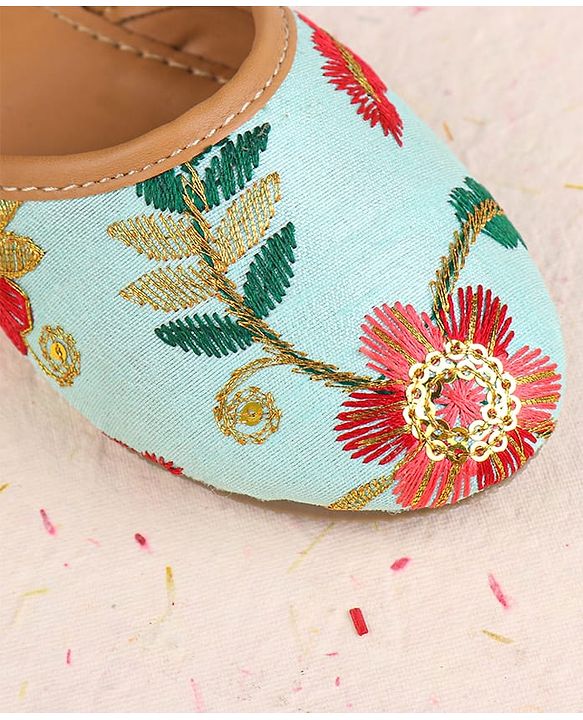Cute Walk by Babyhug Slip On Mojaris with Floral Embroidery - Sea Green