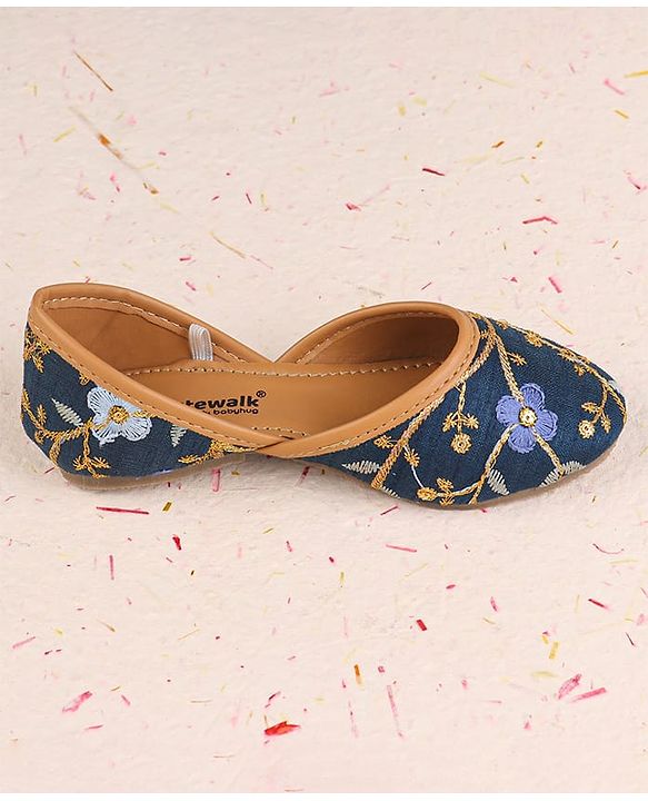 Cute Walk by Babyhug Slip On Mojaris with Floral Embroidery & Sequin Detailing - Navy Blue