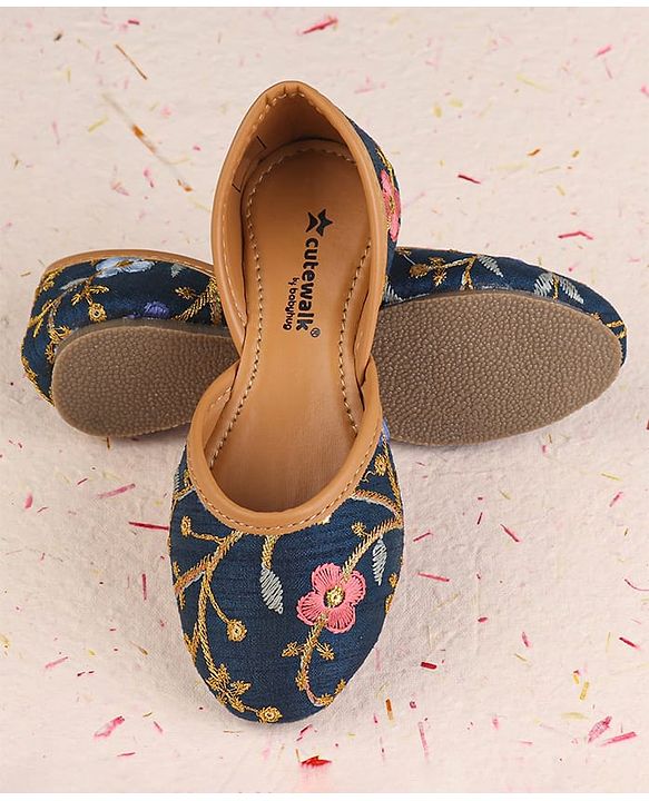 Cute Walk by Babyhug Slip On Mojaris with Floral Embroidery & Sequin Detailing - Navy Blue
