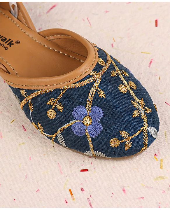 Cute Walk by Babyhug Slip On Mojaris with Floral Embroidery & Sequin Detailing - Navy Blue