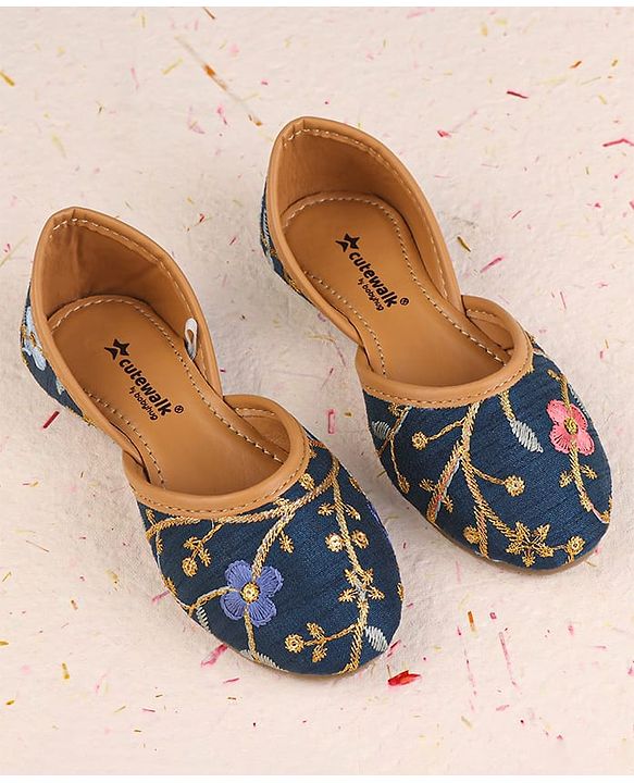 Cute Walk by Babyhug Slip On Mojaris with Floral Embroidery & Sequin Detailing - Navy Blue