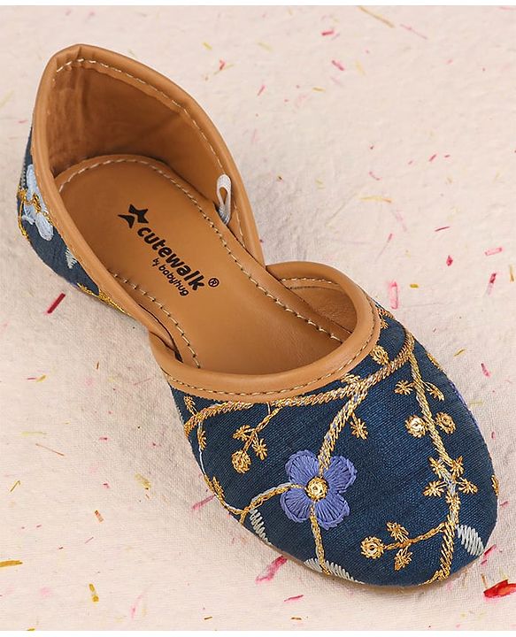 Cute Walk by Babyhug Slip On Mojaris with Floral Embroidery & Sequin Detailing - Navy Blue