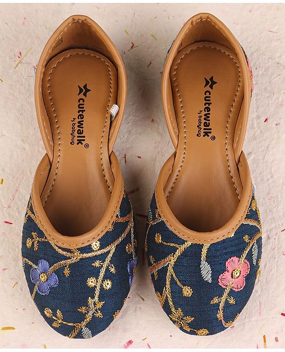 Cute Walk by Babyhug Slip On Mojaris with Floral Embroidery & Sequin Detailing - Navy Blue