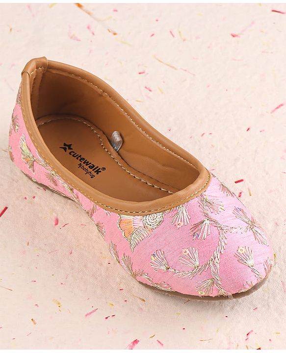 Cute Walk by Babyhug Slip On Mojaris with Floral Embroidery - Pink