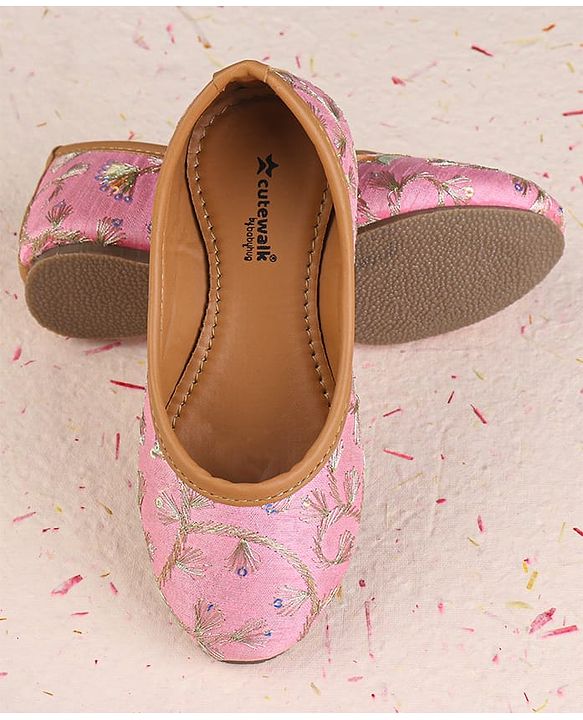 Cute Walk by Babyhug Slip On Mojaris with Floral Embroidery - Pink